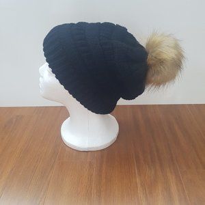 New Women's Black Ribbed Slouchy Beanie Toque with Detachable Faux Fur Pom Pom